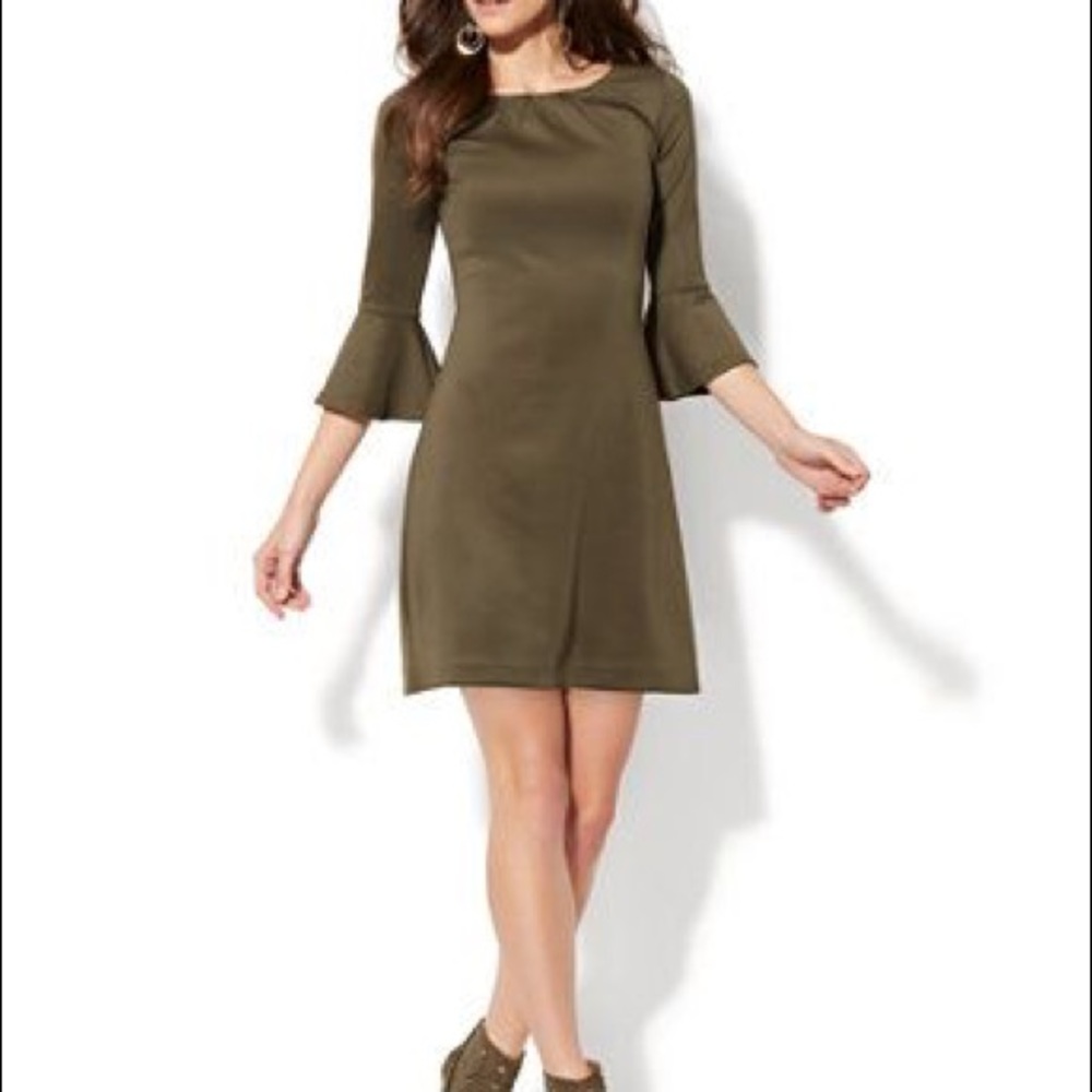 Green Bell Sleeve A-Line Dress